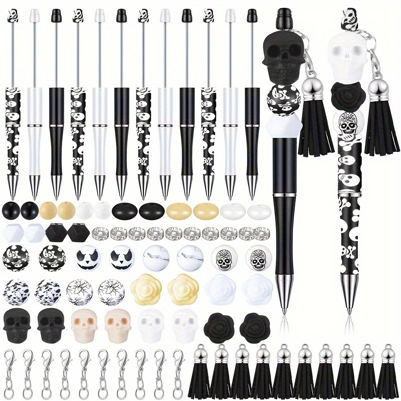 

12 Sets Horror Style Beadable Pens Bulk Bead Pens With Silicone Beads Tassels Clasps Diy Pens Making Kit For Students Office School Supplies Gift