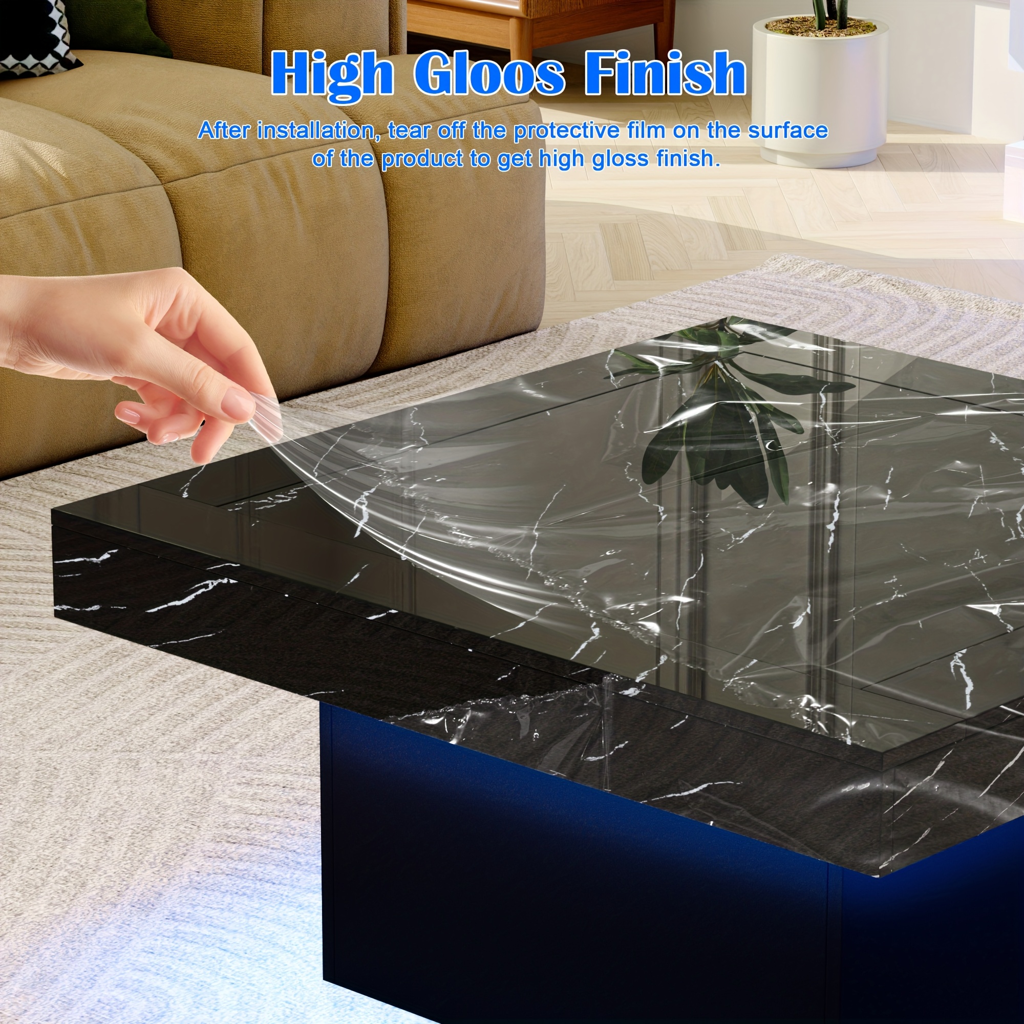 Modern Luxury Low-Profile Square Coffee Table with LED Lights - Space-Saving Faux Marble Top & Engineered Wood Base Suitable for Small Spaces, Compact Living Room Center Table, Assembly, Black/Brown