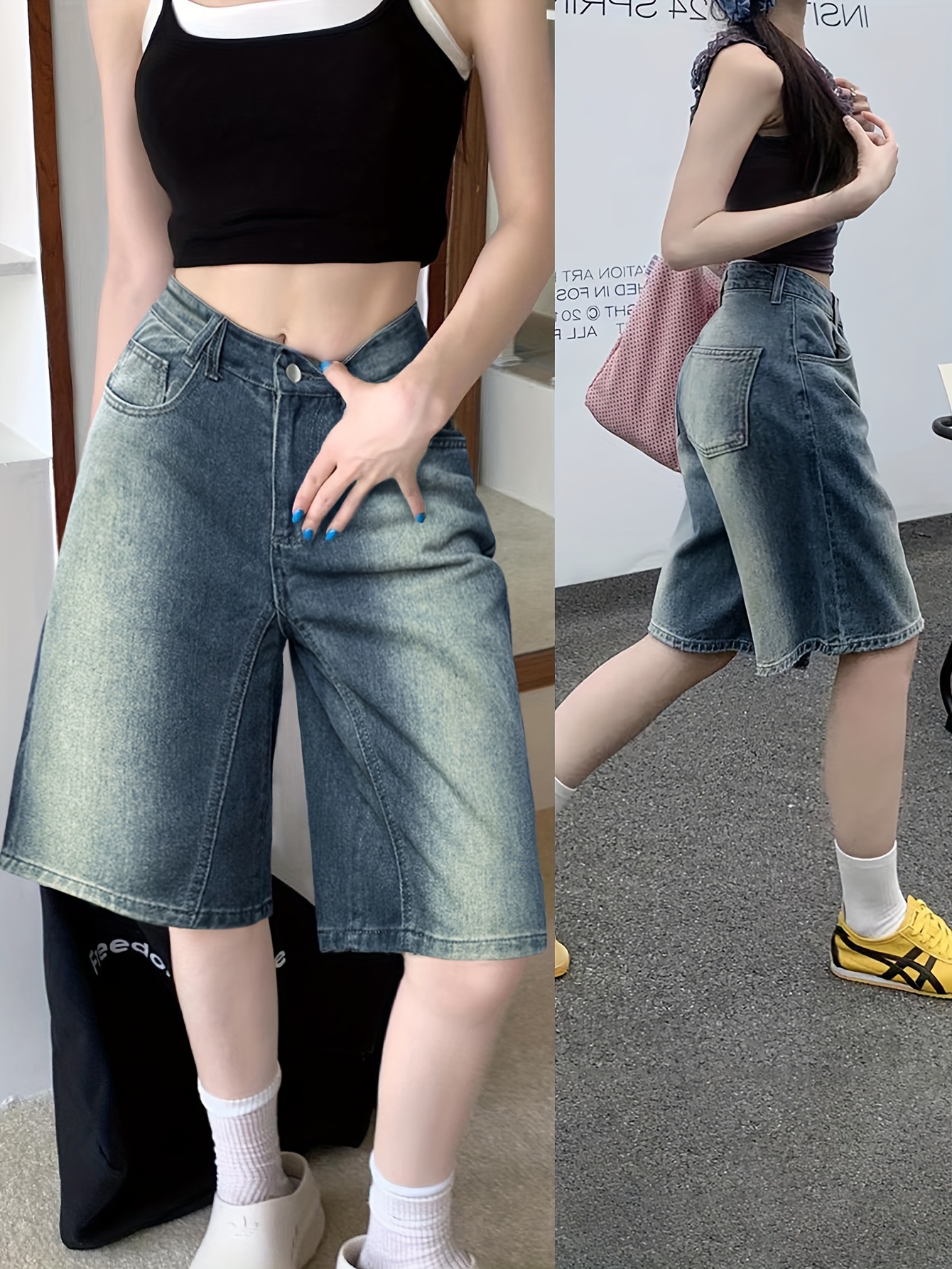 womens y2k gradient streetwear denim   length pants straight leg button closure contrast wash spring summer casual trousers summer       highwaisted design spring outfit durable material fashion enthusiasts 0