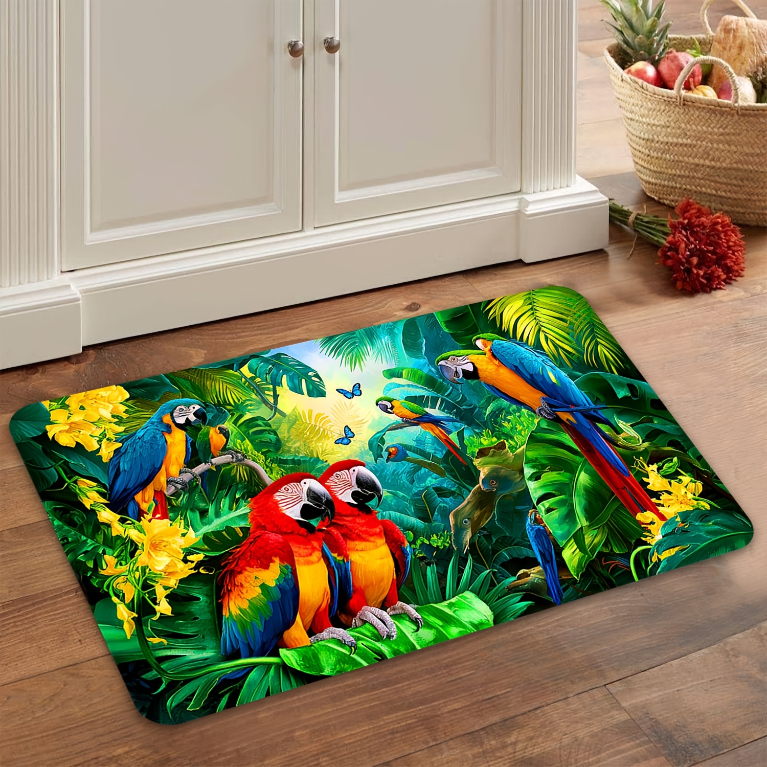 TEMU 1pc Tapis de Sol en Flanelle Douce avec Motif Rassemblement de Perroquets de Antidérapant Lavable en Machine - Motif Vif de Perroquet et