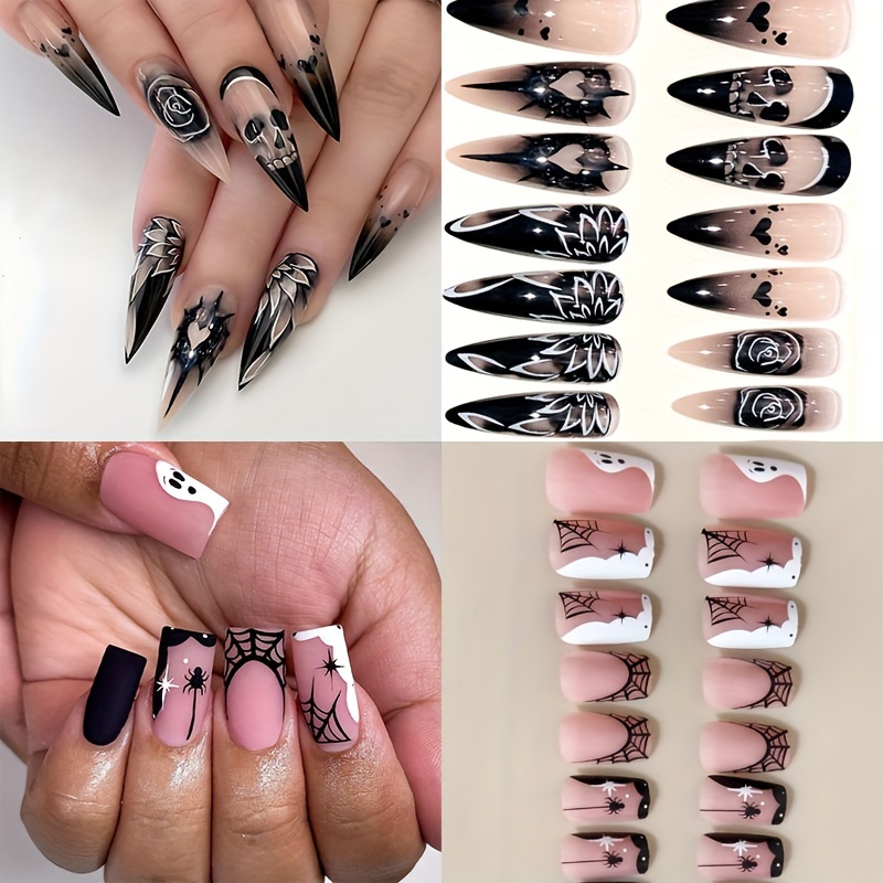 

Halloween 48 Pieces Press Nails Long Pointed Almond Nails Night Dark Punk Square Nails Spider Manicure For Girls Holiday Dress Acrylic Nails