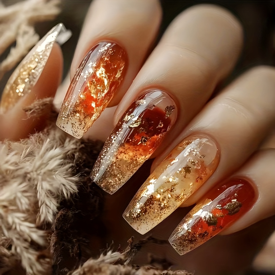 TEMU European And American Y2k Style 30pcs Medium And Long Sparkling Red Gradient Gradient Glittery Nail Art, Fashionable Temperament, Versatile, Hot, Trendy, Casual Wear