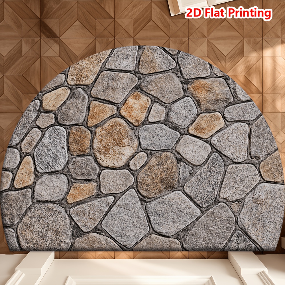 TEMU [ Product] [flannel And 1cm Thick Sponge Material] 1pc Half Round Flannel Door Mat With Stone Pattern Soft Absorbent Non-slip Backing For