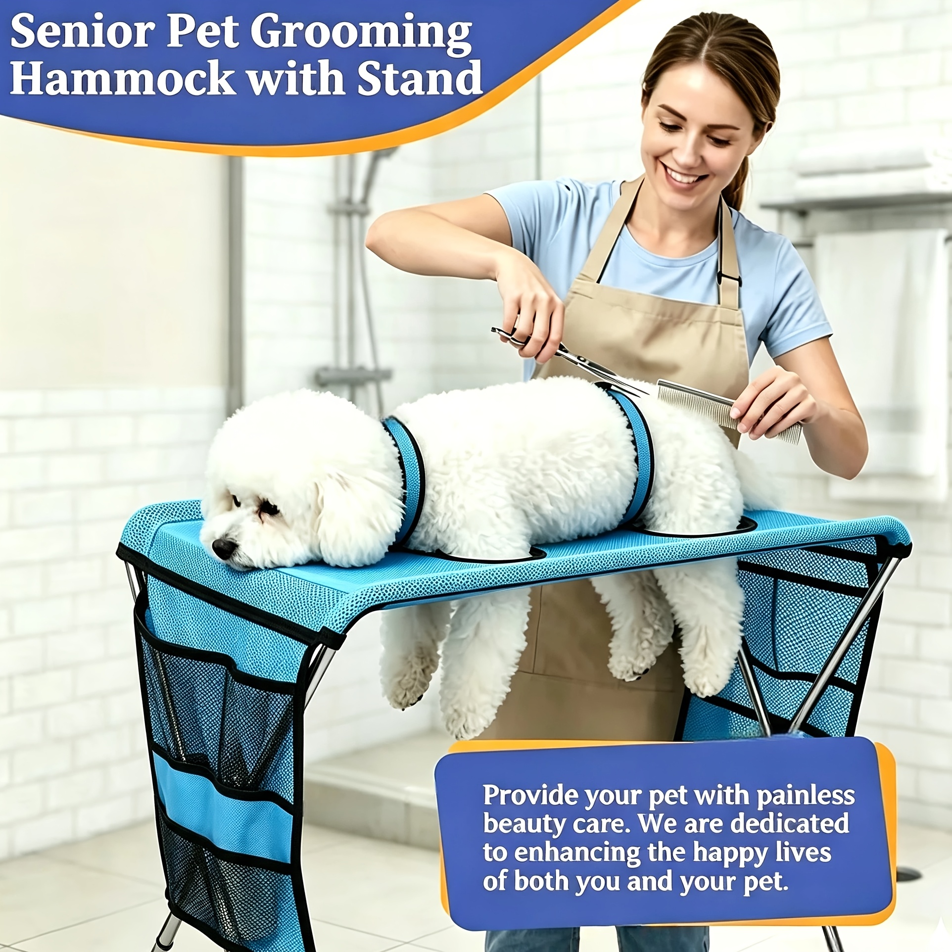 TEMU Pet Grooming Table Hammock, Suitable For Small . Foldable Stainless With Storage Pockets. Ideal For Nail Trimming & Bathing, Supports Up To 30