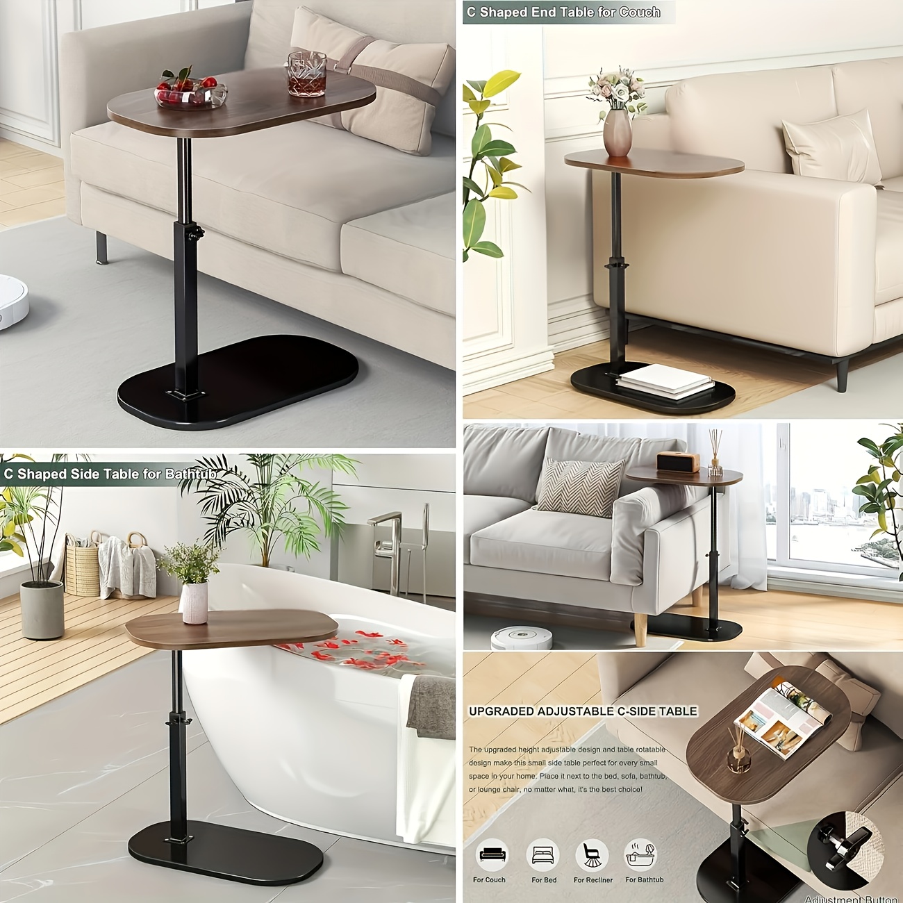 360° Rotating C-Shaped Side Table with Adjustable Height. Compact Stable Laptop Table, Strong Weight Capacity, Built In Storage, Durable Metal Hardwood Adjustable Side Table for Sofa, Bed, Or Bathtub for Home Desk, Coffee Table And Bedside Sofa