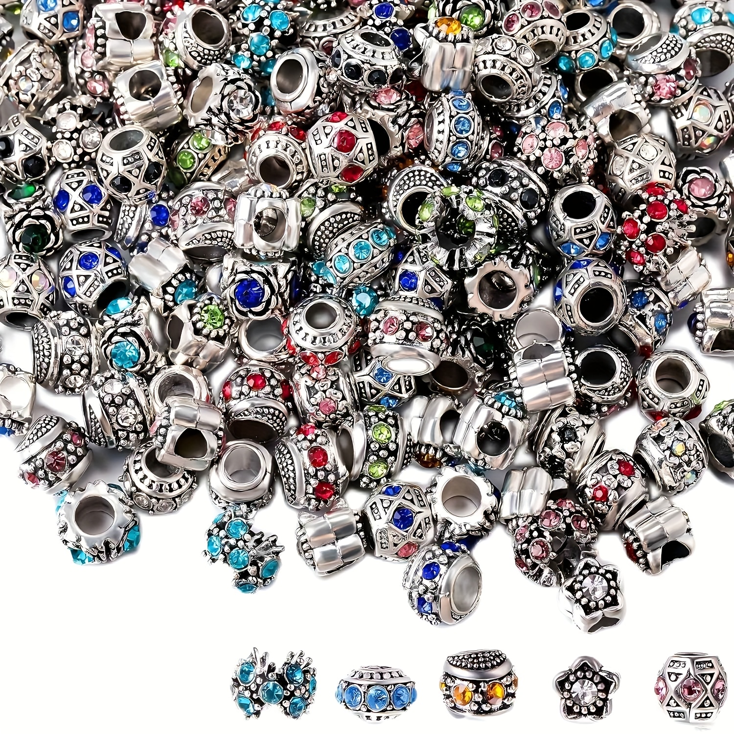 

120pcs/202pcs Assorted With Silver Plated Metal Alloy Large Hole Spacer Beads For Diy Charm Bracelet Jewelry Making