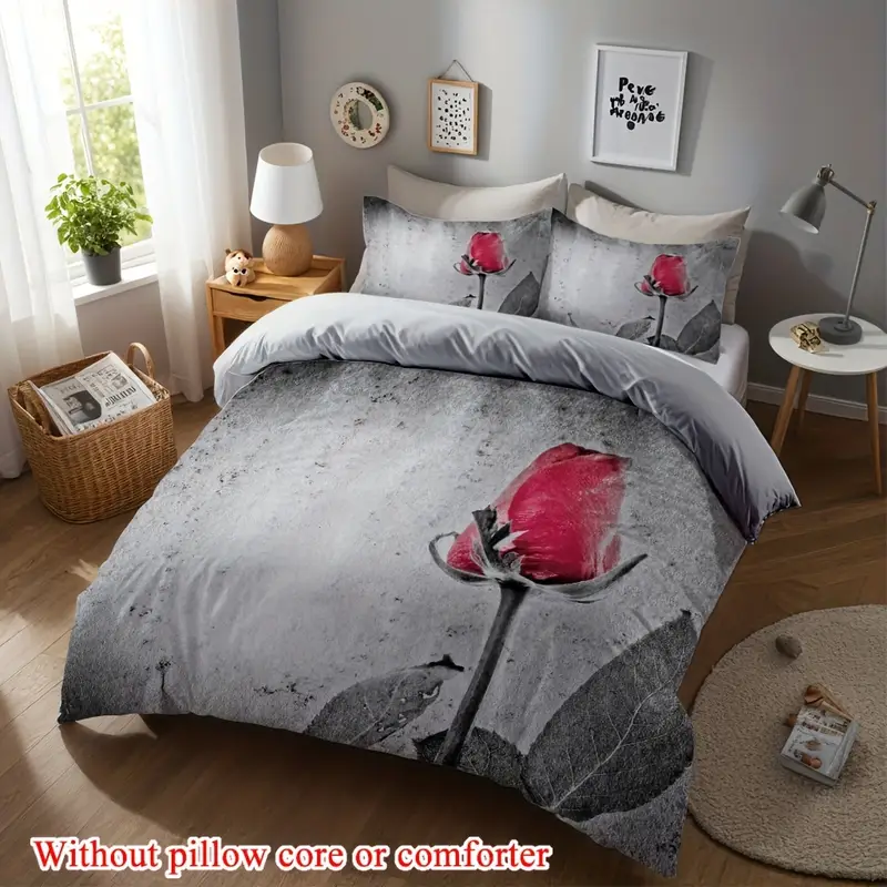 2 3pcs 1 duvet cover 1 2 pillowcase without core retro grey background red rose flowers valentines day couple print soft comfortable bedding set for bedroom dorm room family gift Product details 0