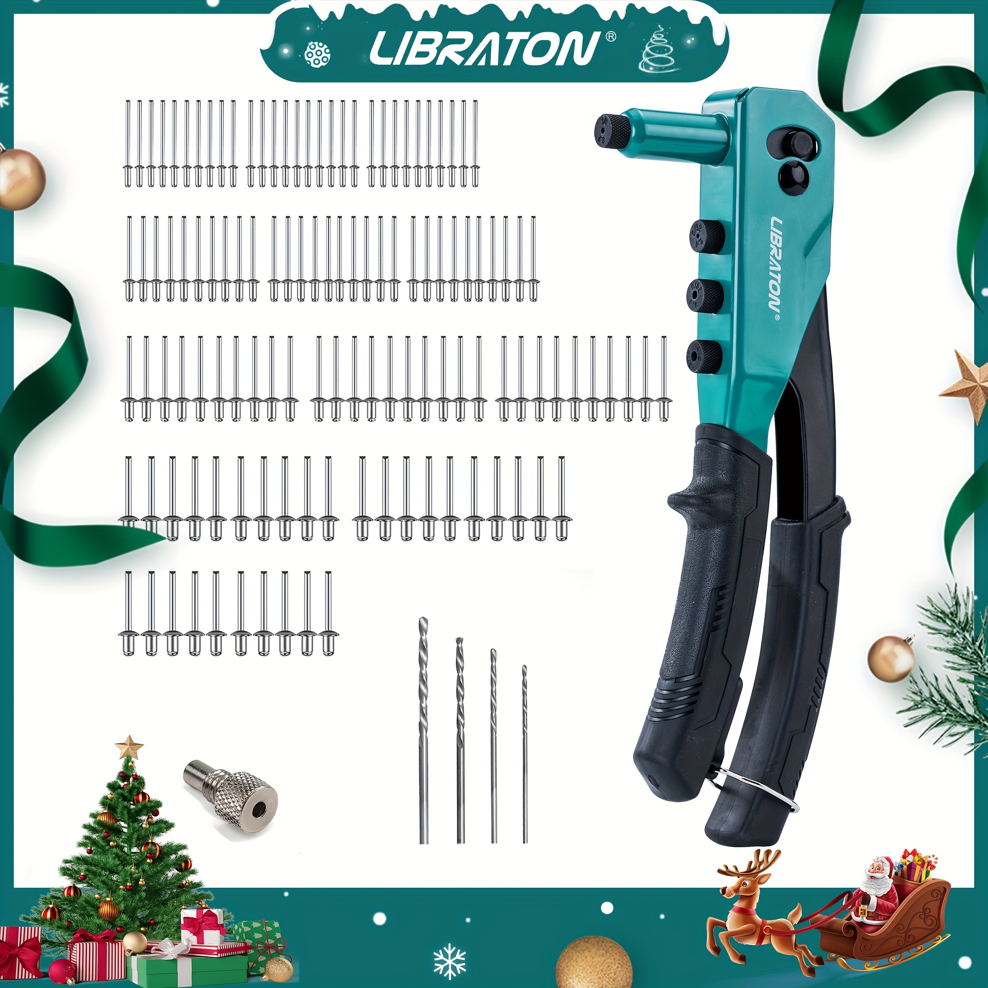 

Libraton Rivet Kit: Heavy Duty Manual Tool With 120 Blind Rivets, 4 Hss Drill Bits, And 4 Interchangeable Heads - Suitable For Aluminum Rivets