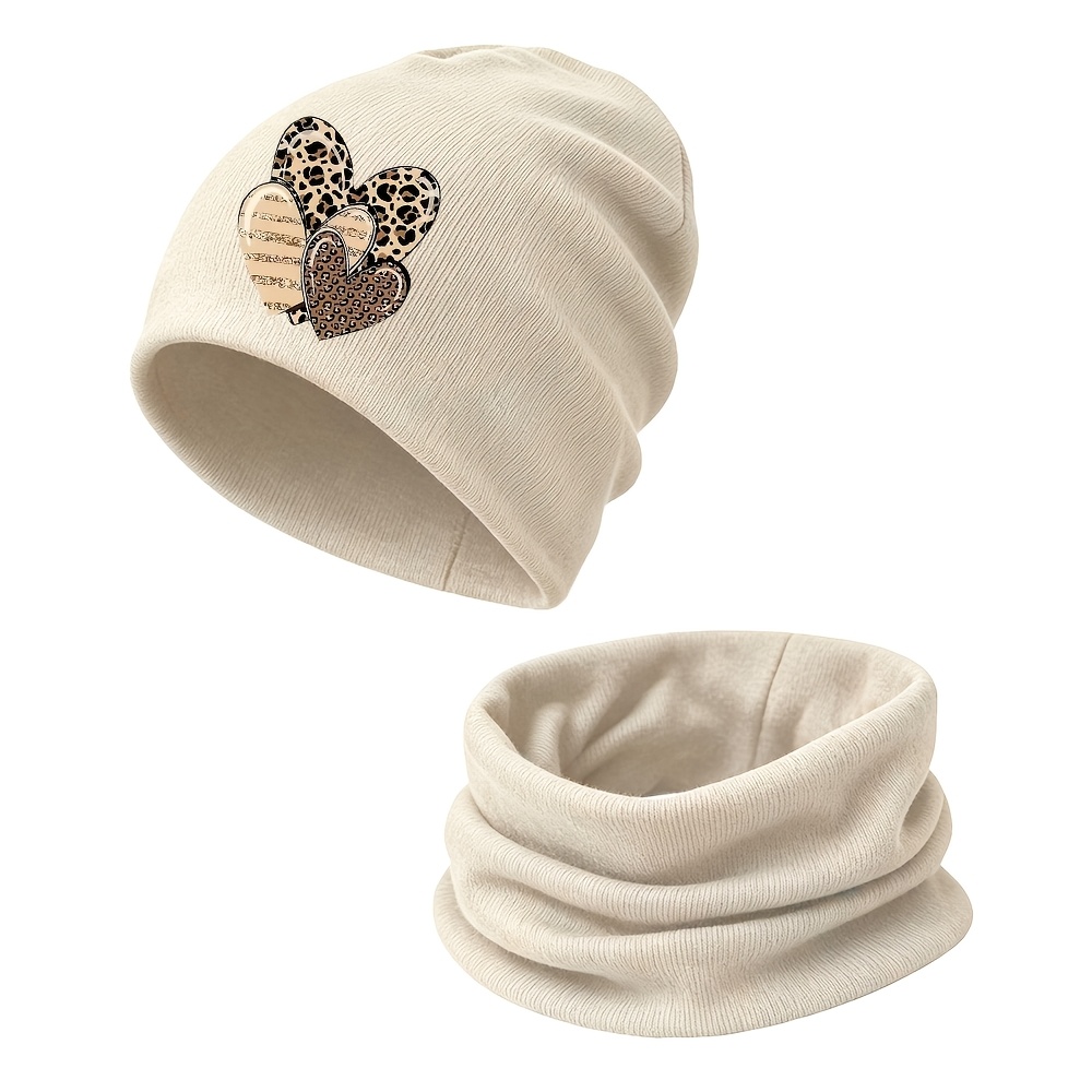 Image of 2pcs Set 1- Leopard Heart Print Knitted Hat And Scarf Set Toddler Boy Girl Fashion Soft Set