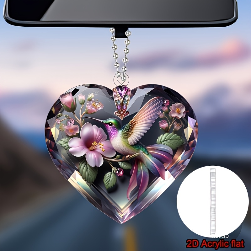 TEMU 2d Flat Elegant Hummingbird And -shaped Rearview Mirror Pendant - 2d Acrylic Design, With Rainbow Purple And Green Embellishments, Perfect For Car Decoration And Nature- Car Hanging Ornament