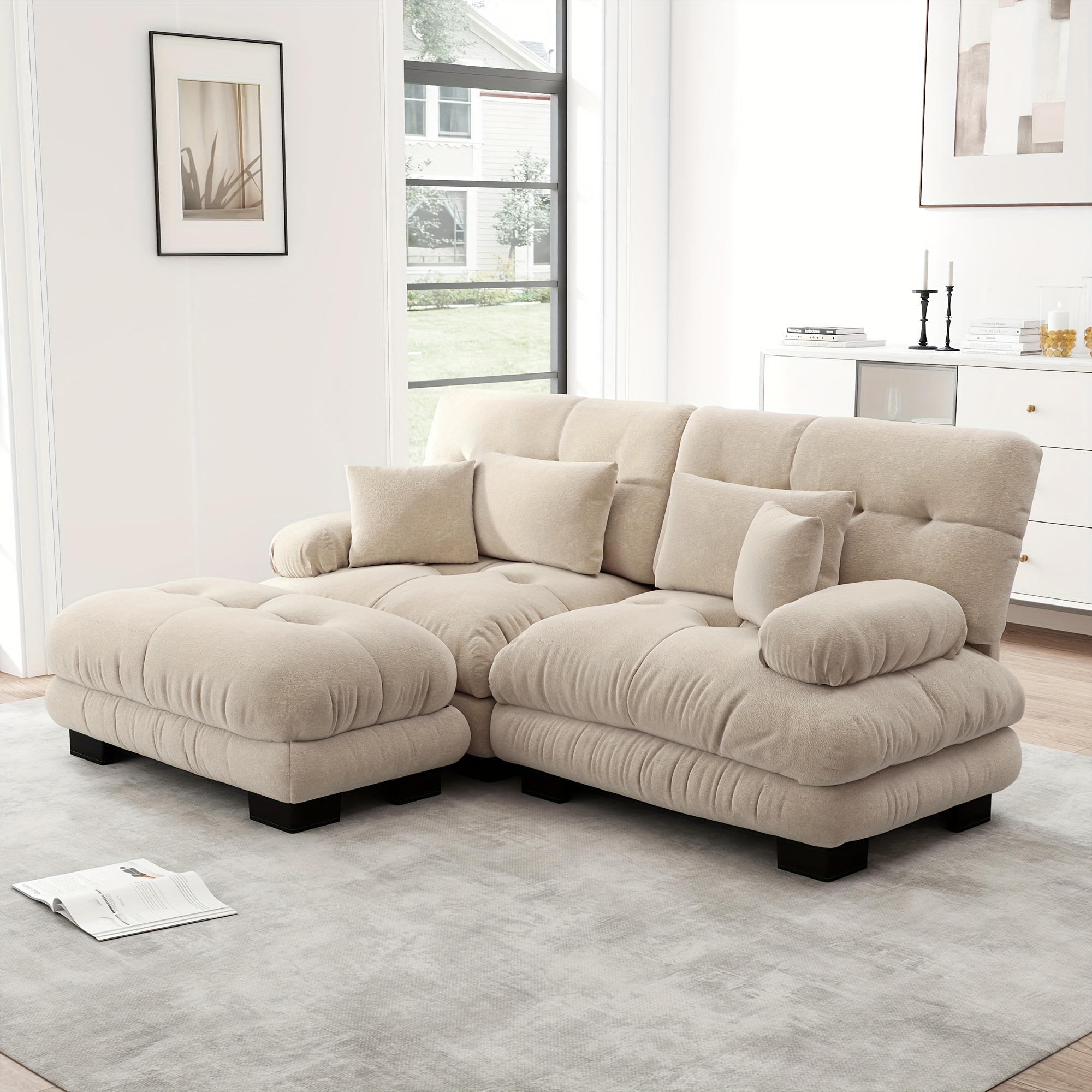 TEMU Living Room Cloud Corner Sofa Bed, Chenille Double Sofa, Sleep Function, Upholstered Sofa With 2 Lumbar Cushions And 2 Decorative Pillows, And