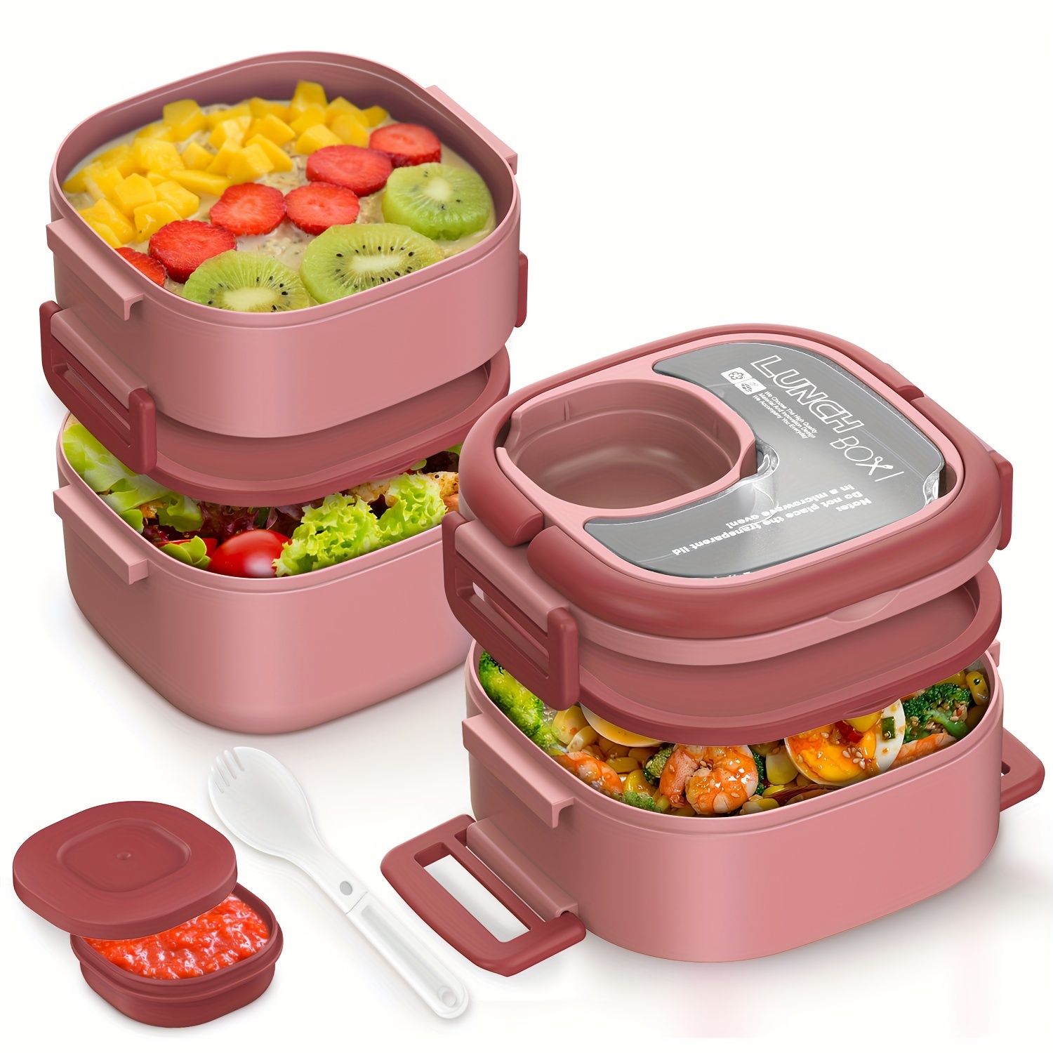 

Bento Box Lunch Box, 1.84l (62oz) Stackable 3 Layers Leak-proof Lunch Container, Microwave Safe Snack Salad Meal-prep Bento Box For Adults, Work, Camping-pink