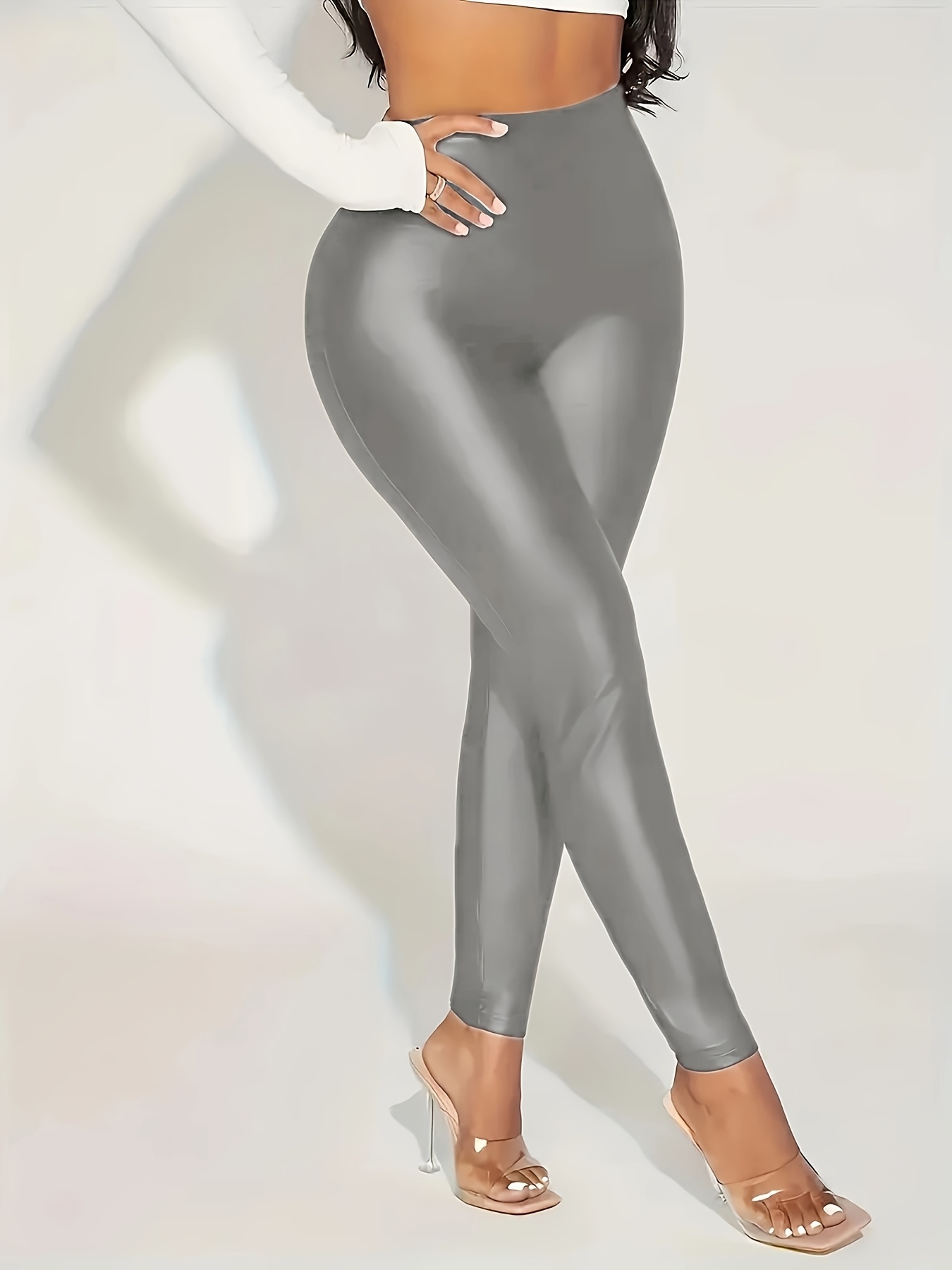 Plus Size Women's High-Waisted Stretchy Slim-Fit Leggings - All-Season Comfort, Solid Color, Machine Washable, Elegant Special Collection for Casual & Formal Wear, Casual Leggings | Vacation Leggings | Glossy Finish