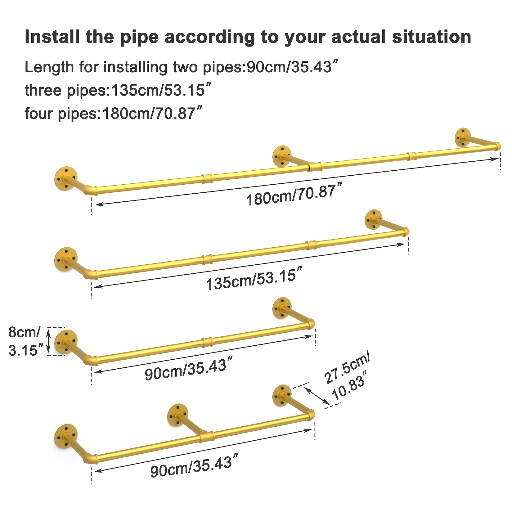 TEMU Aesome 70.8inch Golden Wall Mounted Clothes Rack Industrial Pipe Garment Rack Hanging Rod Bar For Closet Storage Laundry Room Up To 135 Lbs