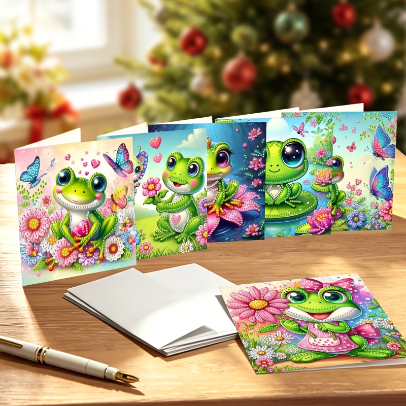 TEMU 6pcs Set 2d Unique Creative Cute Frog And Bouquet Diamond Painting Greeting Card, Creative Card, Best Friend Girlfriend Birthday Holiday Party