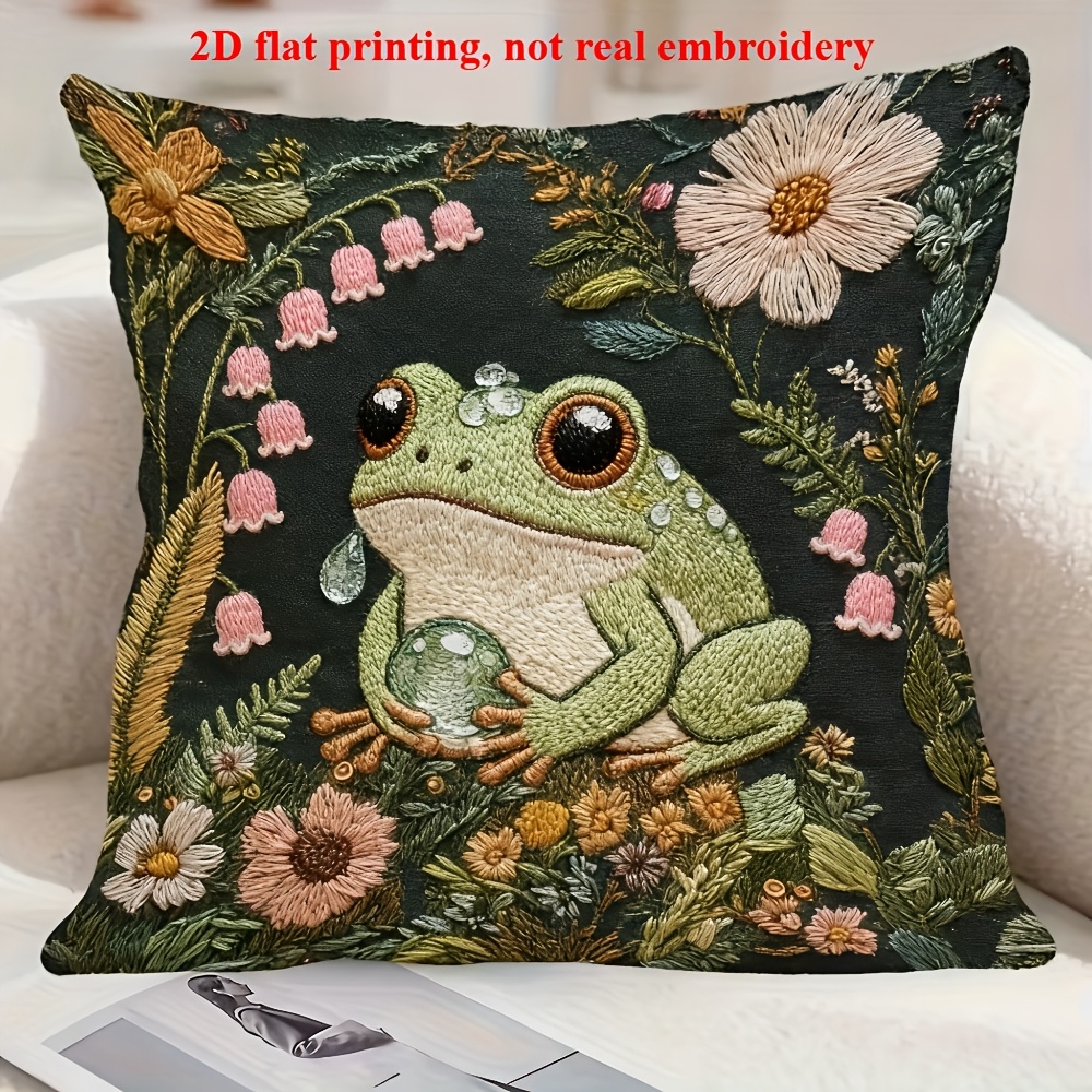 TEMU 2d Flat - A 1pc 2d Printed Short Plush Pillowcase Featuring A Frog Holding Dew Flowers, With A Single-sided Print And No Pillow Insert -