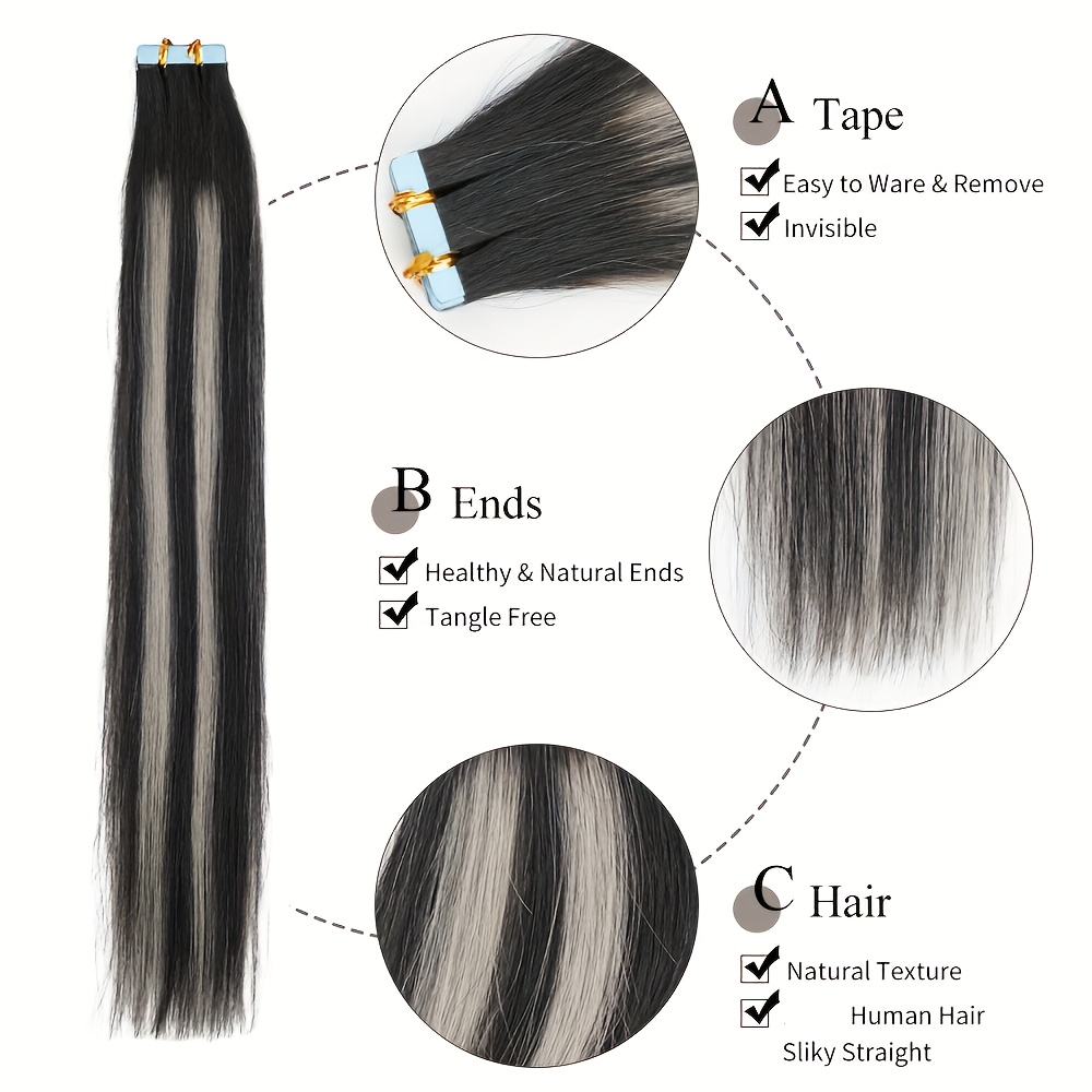 TEMU 20 Stk. Echthaar--Extensions für Damen & Herren – Glattes Clip-In-Haar mit unsichtbarem Klebeband, 1B/613 Honigblond & schwarze Strähnen, helle