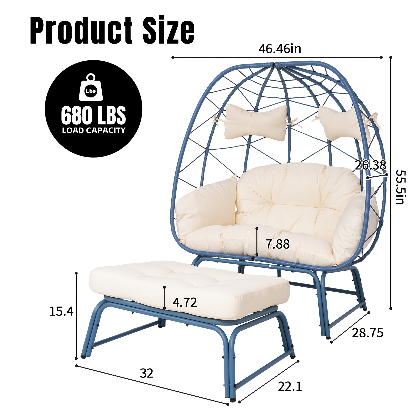 Large Double Egg Chair with Stand for Outdoor Use, Spacious Hammock Chairs for Two, Lounge Chair with Ottoman, Extra-Large Patio Chair with Footrests, Cushions, Wicker Rattan Swing for Garden Or Backyard