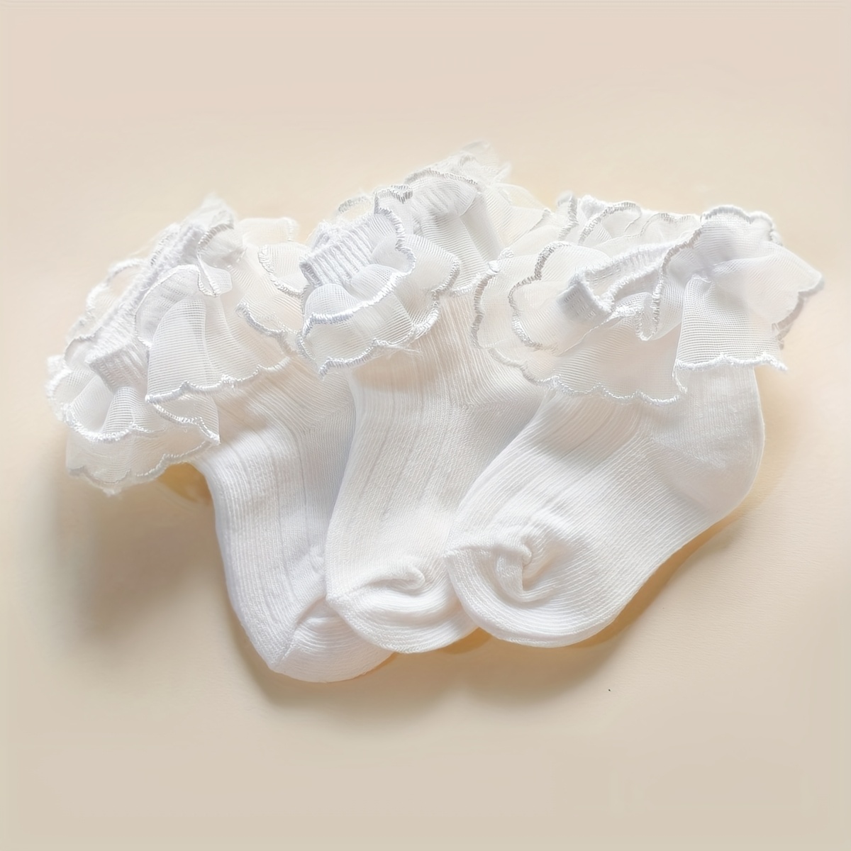 TEMU 3 Pairs Of Socks, Soft, Comfortable, Breathable, White Socks For Baby Girls, Short Socks For Baby Girls, Ballet Style Socks, Lace Edge Short, Solid Color Socks