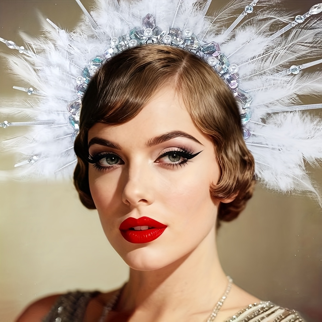 Image of Laventy 1920s Flapper Headdress For Women - White Feather Headpiece With 1920s Themed Costume Accessory, Mardi Gras, Roaring Party Outfits, Vintage Headpieces For Rave Festival & Themed Events