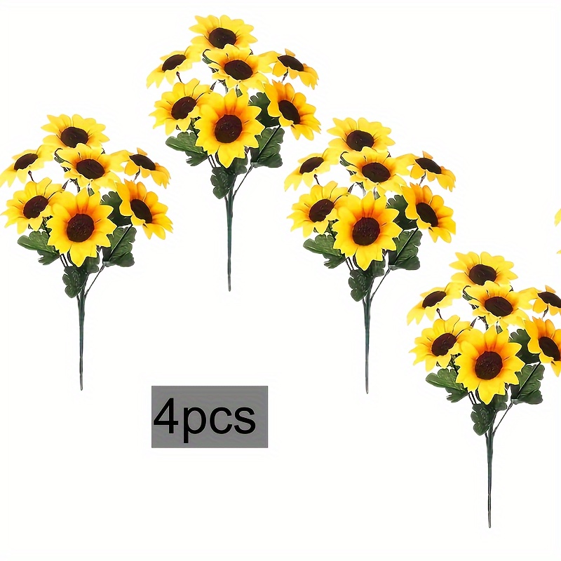 

4 Artificial Sunflower Bundles, Fake Sunflower With Stem Bundles, Uv Resistant Fake Plants, Green Artificial Outdoor Flowers And Plants That Do Not Fade, Garden Porch Window Box Decoration