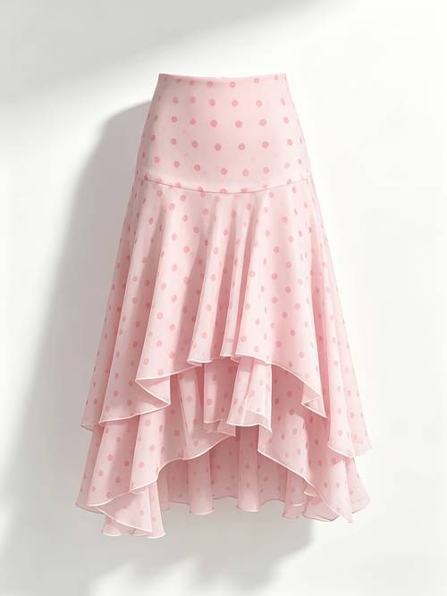 2026 New Women's Casual Bohemian Asymmetrical Skirt with Ruffled Polka Dot Print, Summer Casual Style, Suitable for Women's Summer, Holidays, Parties, Beach Vacations, and Other Occasions, Creating an Elegant and Casual Look