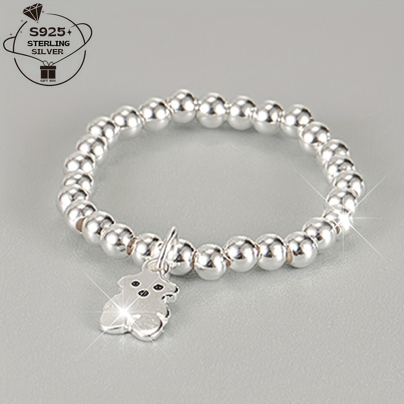 

1pc Sterling Silver Adjustable Beaded Bracelet With Cute Bear Charm - Ideal For & Parties, Perfect Gift For , Includes Gift Box, Bracelet Gift Box, Handmade, Round Beads