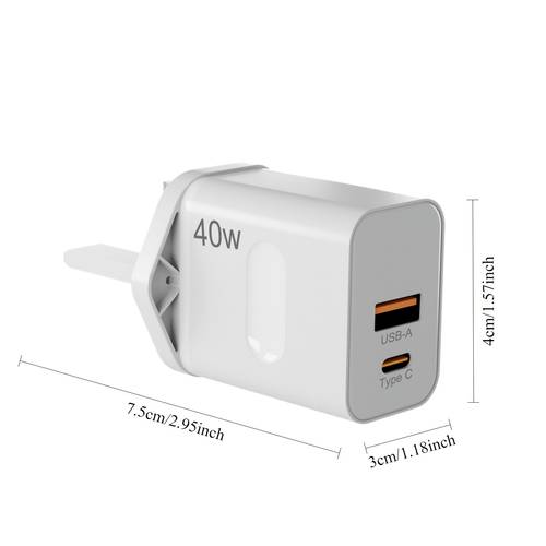 شاحن حائط usb-c مزدوج المنفذ بقوة 40 واط مع pd 3.0 و qc 4.0، محول طاقة شحن سريع، توافق لأجهزة iphone 11/12/13/14/15/16/pro max، ipad pro، ، samsung، - قابس بريطاني
