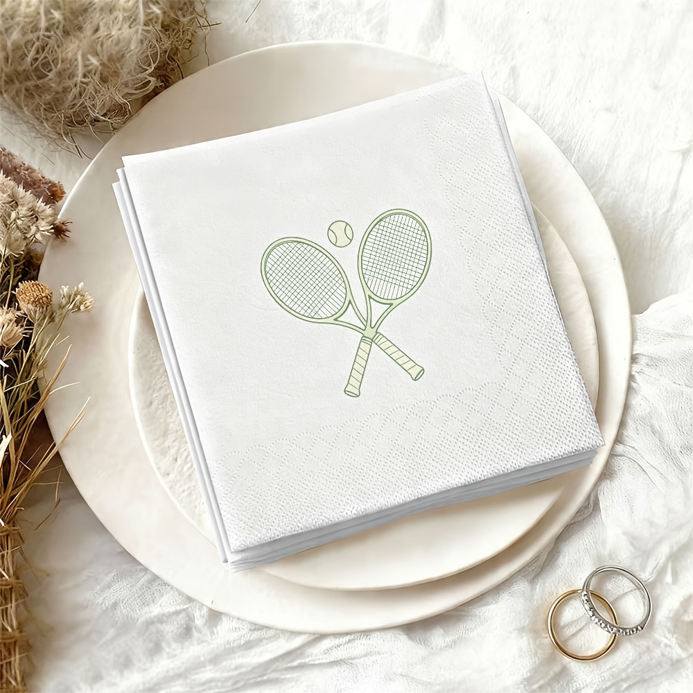 TEMU 20pcs 6.5x6.5 Inch White Napkins Printed With Crossed Tennis Rackets And Tennis Balls, Disposable Paper Napkins For Family Dinners, Suitable For