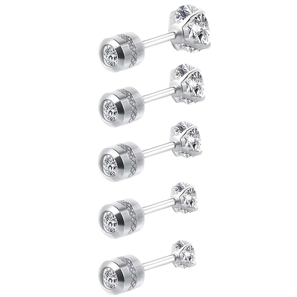 TEMU 5pcs Earring Set 304 304 304 Stainless Steel Double-sided Earrings Round Cubic Synthetic Synthetic Zircon Stud Earrings Piercing With Holes