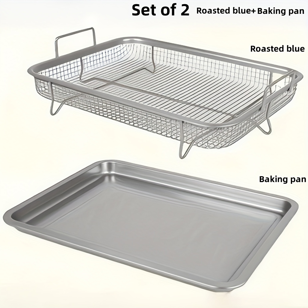 Image of 2pcs Set (1 Grill Rack + 1 Oil Drain Pan) Square Grill Basket, Oven Baking Pan, Stainless Steel Baking Pan, Air Fryer Additions, Baking Pan, Outdoor Baking Pan, Barbecue Rack