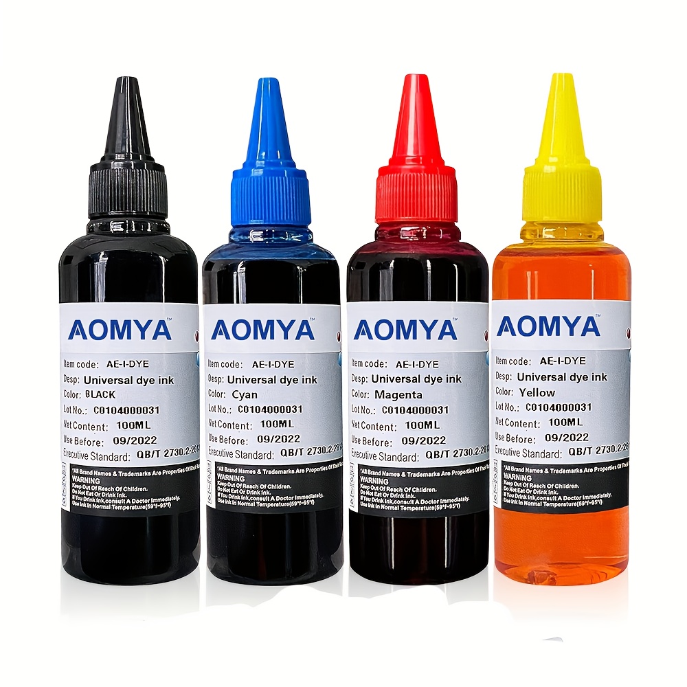 

Kit de Recharge d'Encre AOMYA 100ml - Compatible avec les Imprimantes Epson, Canon, HP, Brother - Cartouche d'Encre de Haute Qualité, 4 Bouteilles, Universel, Imprimante à Jet d'Encre