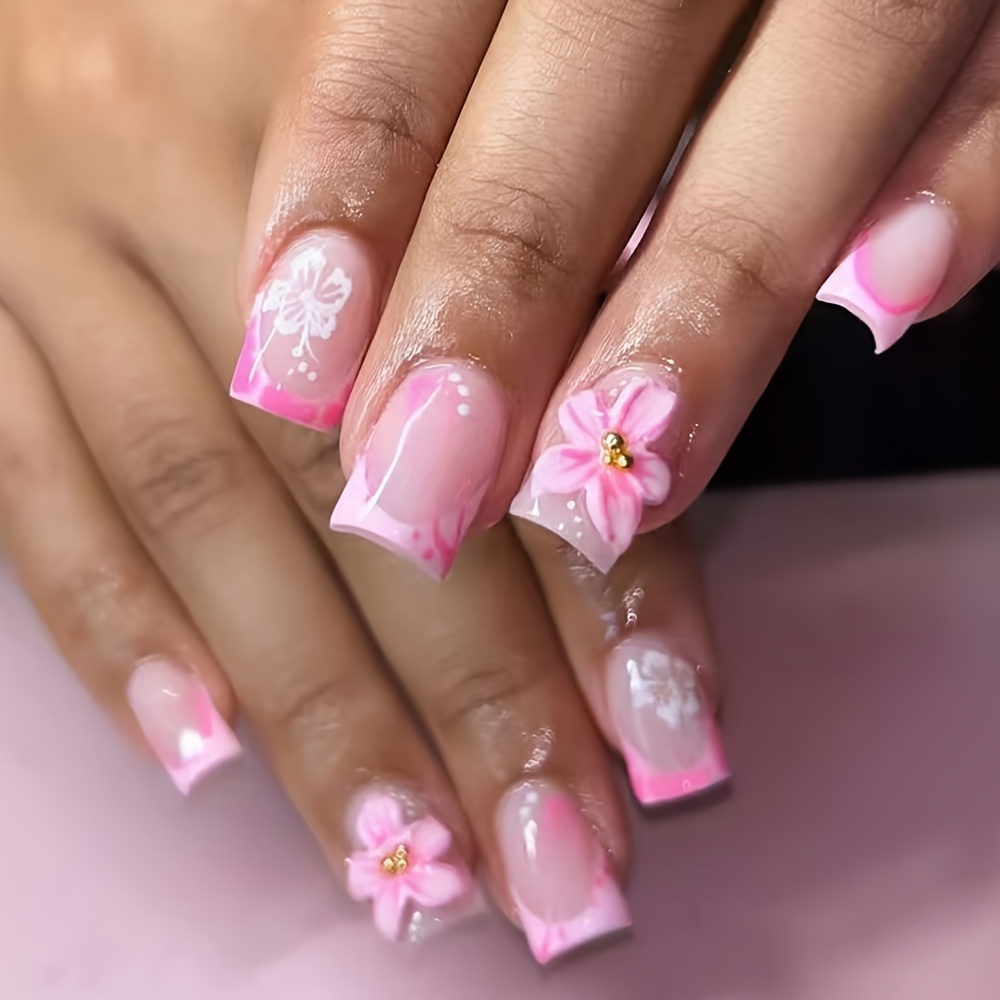 E-shop 27-teiliges -On Nagelset für Anfänger mit Zubehör – Lange Mandelform/Formgebung für Nagelspitzen, Rosa Blumen & Nude French Tip Nageldesign-Kit,