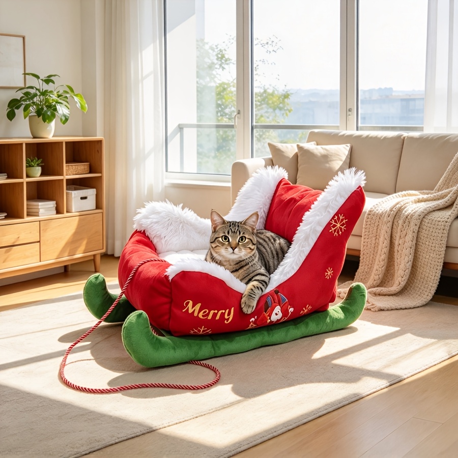 TEMU Lit pour animal de compagnie de traîneau de Noël, Canapé pour animal de compagnie de luge, Lit pour animal de compagnie, Nid de Noël pour animal