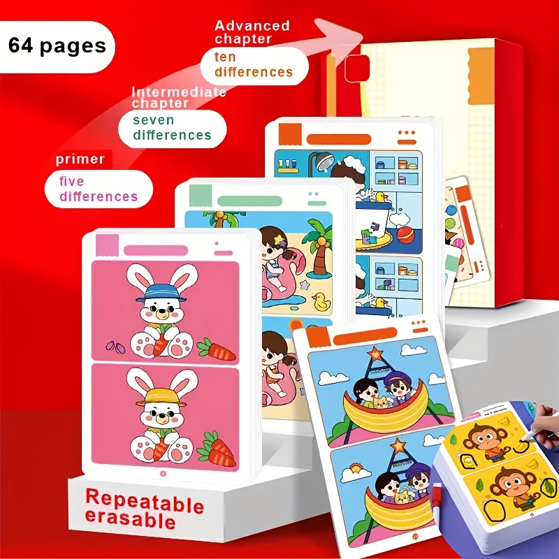 A 66pcs Card Set With 64 Pages + 2 Pens - Interactive Difference- Game For Teens, Colorful Educational Activity Book With Erasable And Reusable Picture Cards