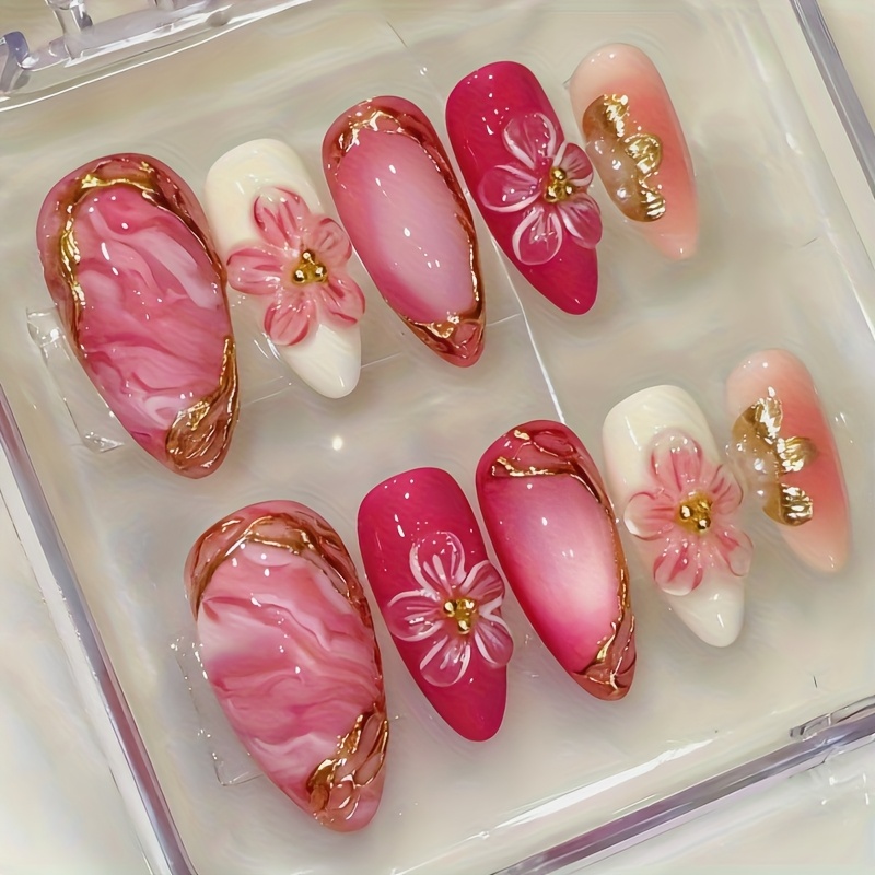 TEMU 10pcs Set - New Almond-shaped 3d Floral Gradient -on Nails With Hand- Rhinestones