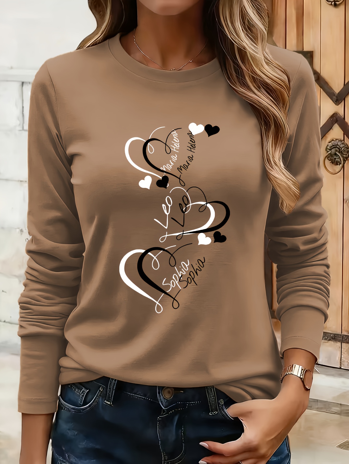 Sweat Motif Cœur Femme Haut à manches longues et col rond avec motif cœur, sweat-shirt décontracté pour femme, style paresseux quotidien, idéal pour le printemps et l
