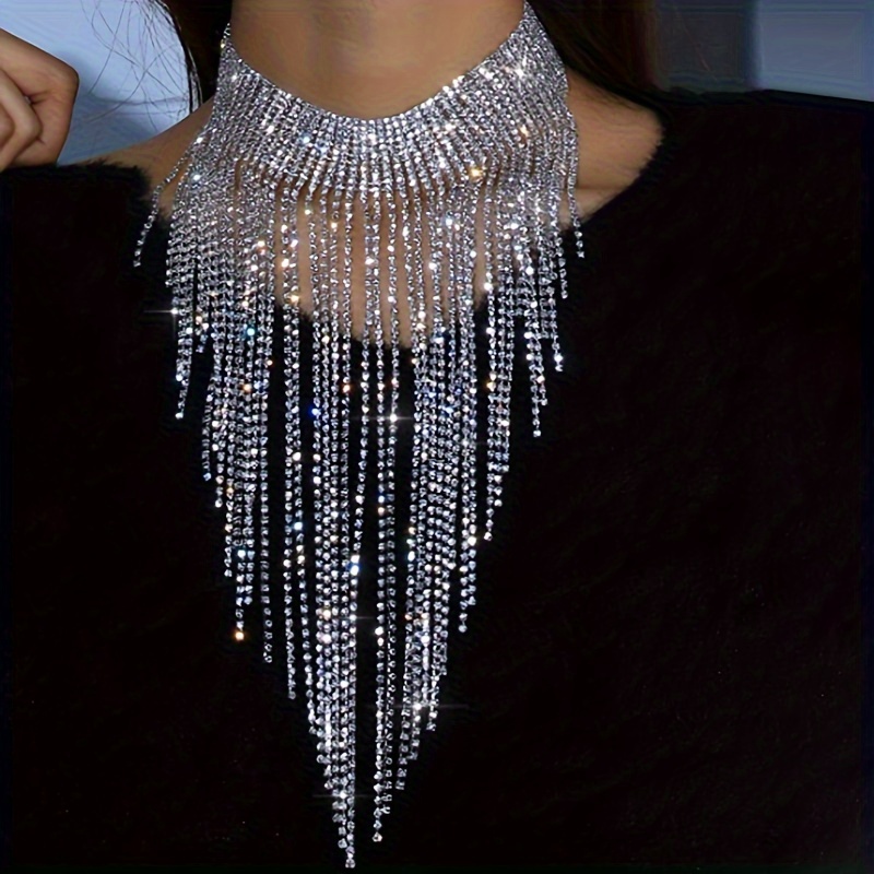 

Full Rhinestone Clavicle Necklace Long Tassel Necklace Jewelry Exaggerated Party Accessories