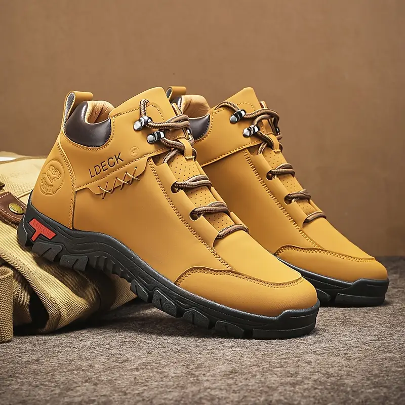 1pair vintage style mens high top casual sneakers solid color lace up upper fabric inner pvc sole round toe for hiking daily wear Product details 1