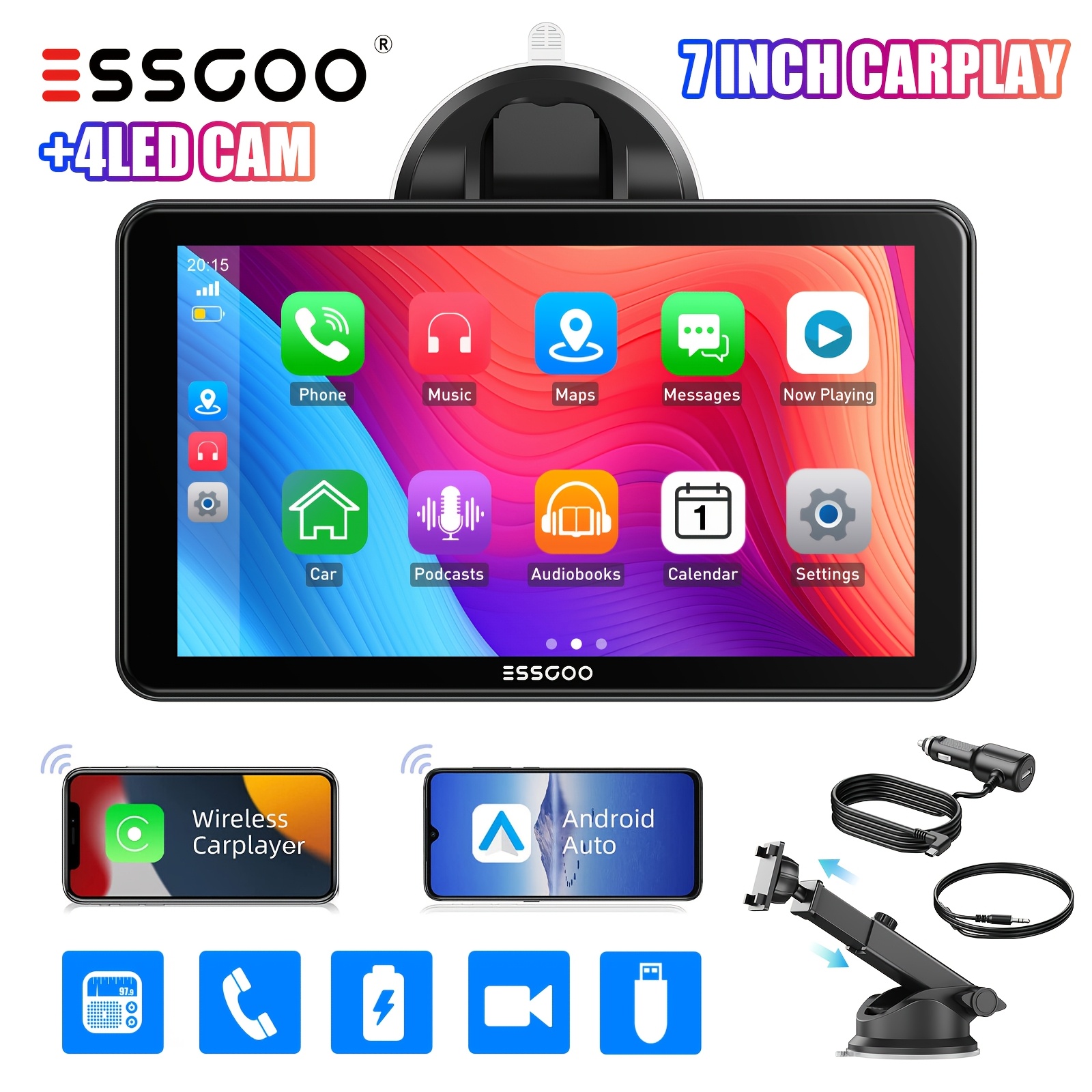 TEMU ESSGOO Autoradio Universel Portable Carplay 7 Pouces, Écran Tactile CarPlayer Fil & Android Auto, , Appels/Musique Fil, Câble AUX/Radio FM,