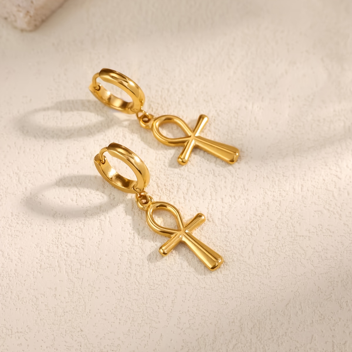 TEMU Huggie Ankh Cross Dangle Hoop Earrings Fashion Elegant Women 304l 304 304l 304 Stainless Steel Hoops Jewelry Party Wedding Gifts For Her, Without Battery
