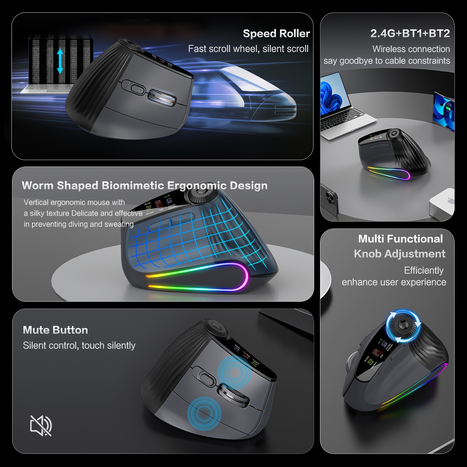 Jomaa RGB Backlit Speed Roller Wireless Vertical Mouse with Function Adjustment Knob Bluetooth USB Ergonomic Mice Slient Click