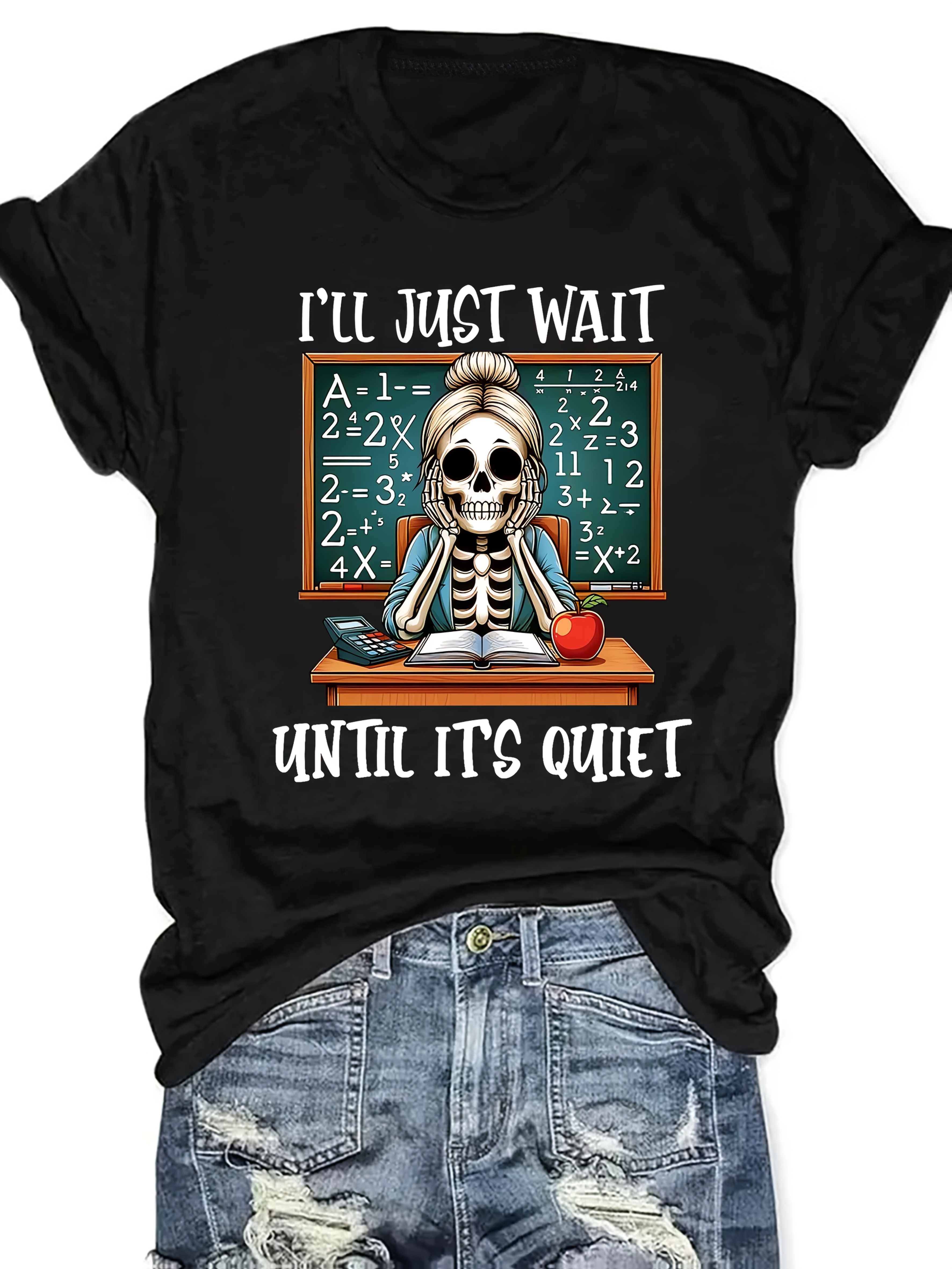 womens casual short sleeve round neck t shirt teachers day skeleton teacher graphic print with ill just wait   its quiet quote vibrant orange medium   washable     teacher t shirt casual wear humorous design mediumstretch fabric