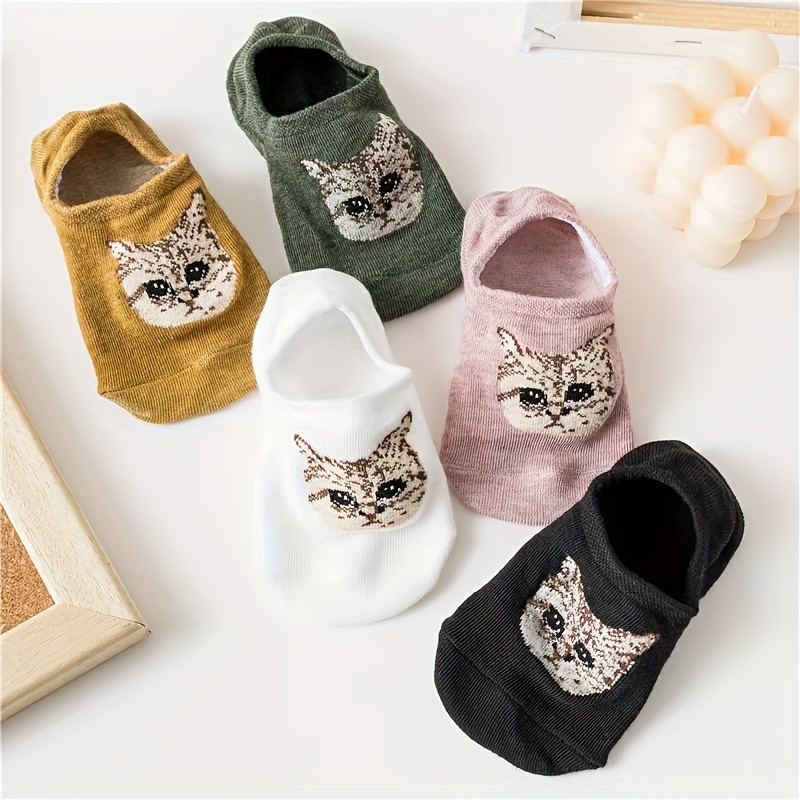 

5 Pairs Cute Cat Face Liner Socks, Polyester And Spandex , Knit Fabric Invisible Socks, Animal Pattern, Non-slip Low Cut Boat Socks For Women, Machine Washable