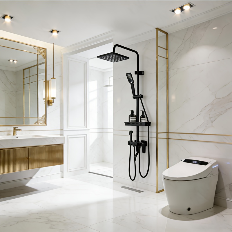 Matte Black Shower System - Includes Showerhead And Handheld Sprayer, Wall-mounted, Dual-function Control, Integrated Shelf, Contemporary Bathroom Set