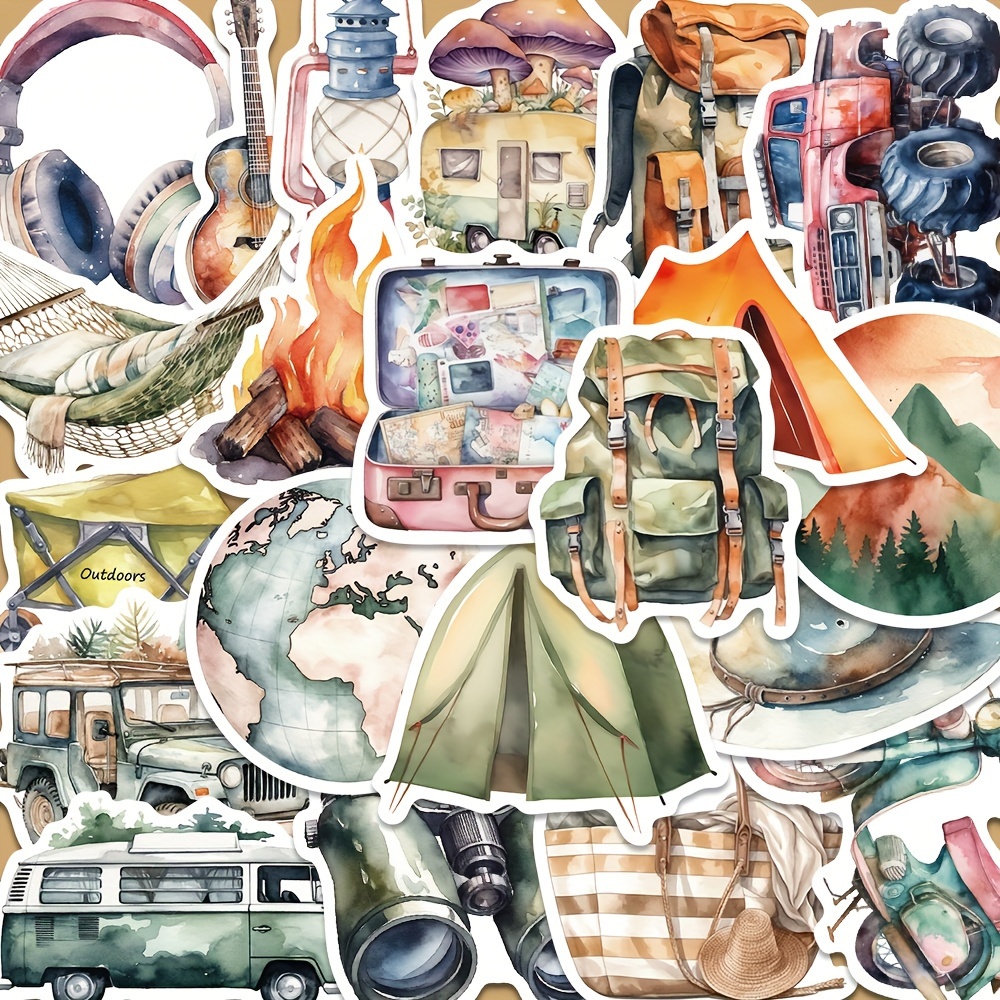 

50PCS Stickers de voyage et de camping - mate en PVC, autocollants aquarelle graffiti avec paillettes, idéal pour les ordinateurs portables, les réfrigérateurs et les en plastique