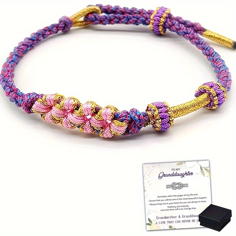 

Creative Peach Blossom Knot Design Bracelet Adjustable Female Hand Rope Exquisite Gift For Granddaughter With Blessing Card