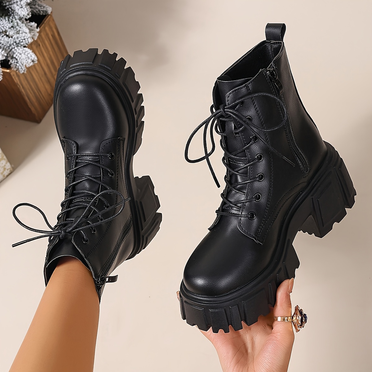 Image of Women's Fashion Wedge Thick Sole Autumn Winter Chunky Mid-heel Ankle Boots Boots Single Boot Motorcycle Boots Outdoor Street Women Shoes, Size Runs Large, Half Size Smaller