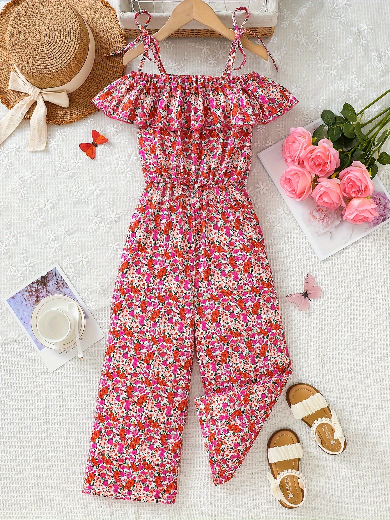 Baby Girl Allover Print Square Neck Long-sleeve Shirred Jumpsuit