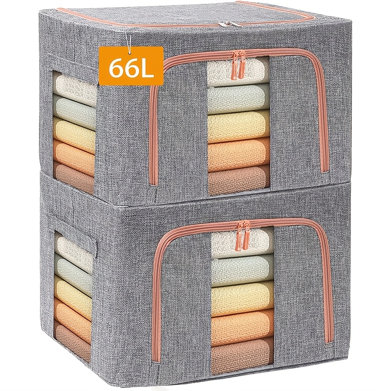 Image of 2-pack Large Clothes Storage Bins, Foldable Metal Frame Storage Box Stackable Linen Fabric Box Organizer Set With Carrying Handles And Clear Window (grey, 19.7 X 15.7 X 13 Inches), Under-bed Storage